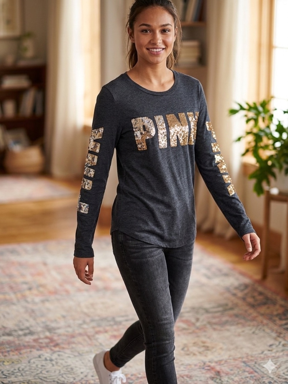 PINK Victoria's Secret Charcoal Long-Sleeve Tee with Gold Sequin Logo